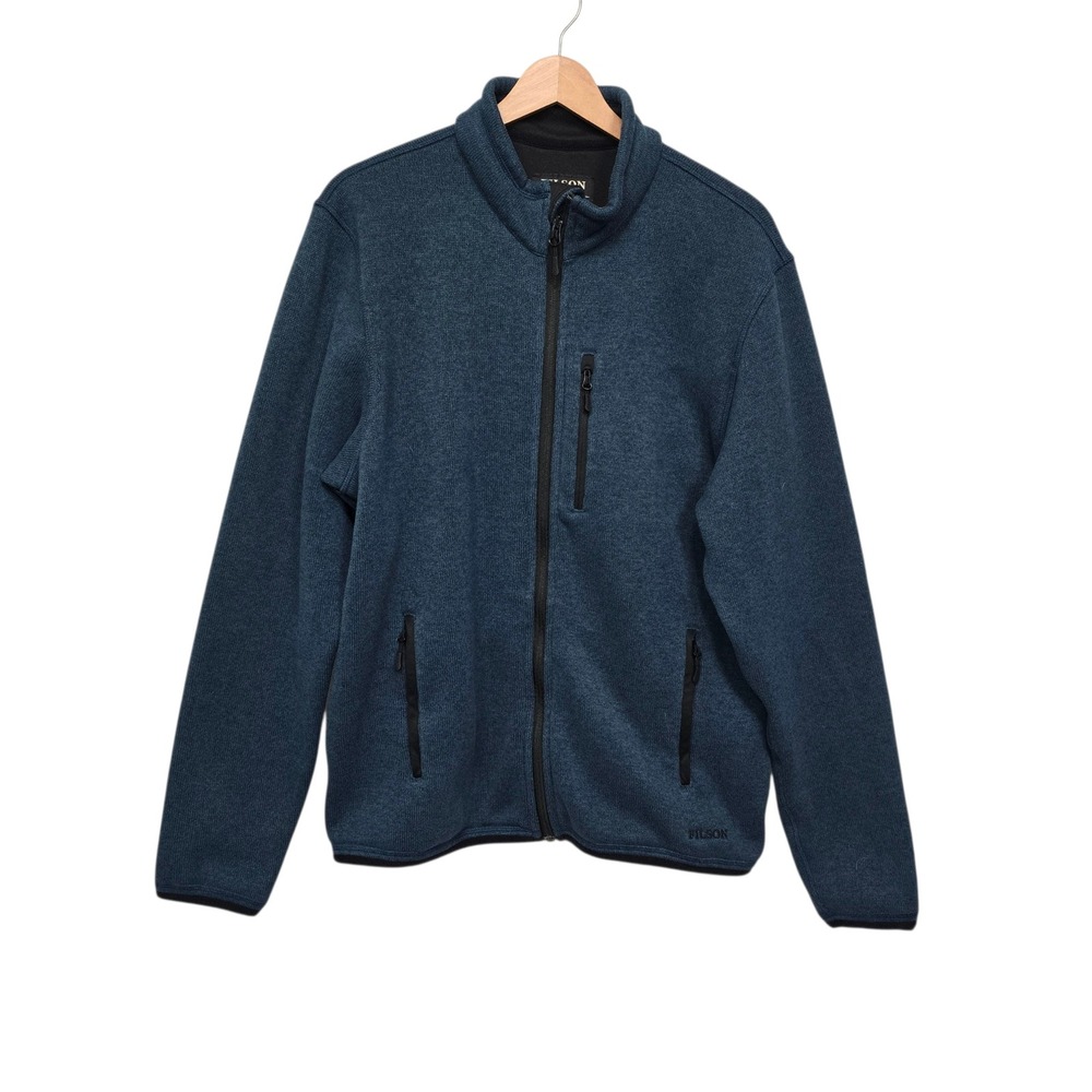 Filson Mens Full Zip Fleece Jacket Blue Heather Mock Neck Outdoor Coat Large